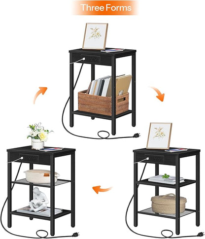 HOOBRO Side Table with Charging Station and USB Port, Small End Table for Small Space, 3-Tier Nightstand with Adjustable Shelf, for Living Room, Bedroom and Balcony, Black BB112BZ01