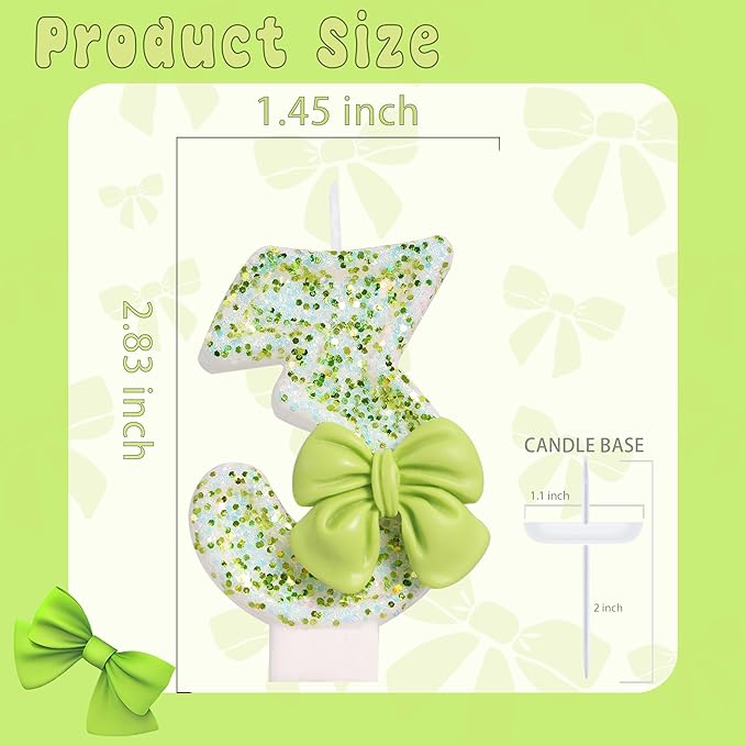 Birthday Candle for Cake, Green Bow Number Cake Candles, 2.76 inch Cake Topper Decoration for Birthday Party (Number 3)