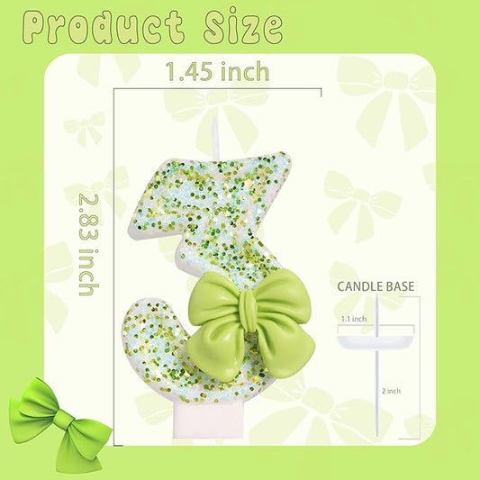 Birthday Candle for Cake, Green Bow Number Cake Candles, 2.76 inch Cake Topper Decoration for Birthday Party (Number 3)