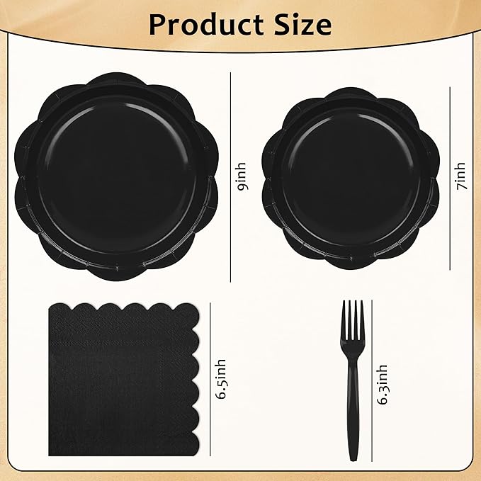 96 Pcs Black Paper Plates and Napkins Set Party Supplies, Tableware set for 24 Guest include Disposable Black Scalloped Plates, Napkins and Forks for Birthday Wedding Picnic