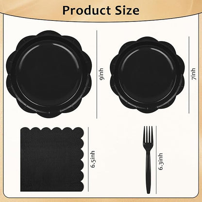 96 Pcs Black Paper Plates and Napkins Set Party Supplies, Tableware set for 24 Guest include Disposable Black Scalloped Plates, Napkins and Forks for Birthday Wedding Picnic