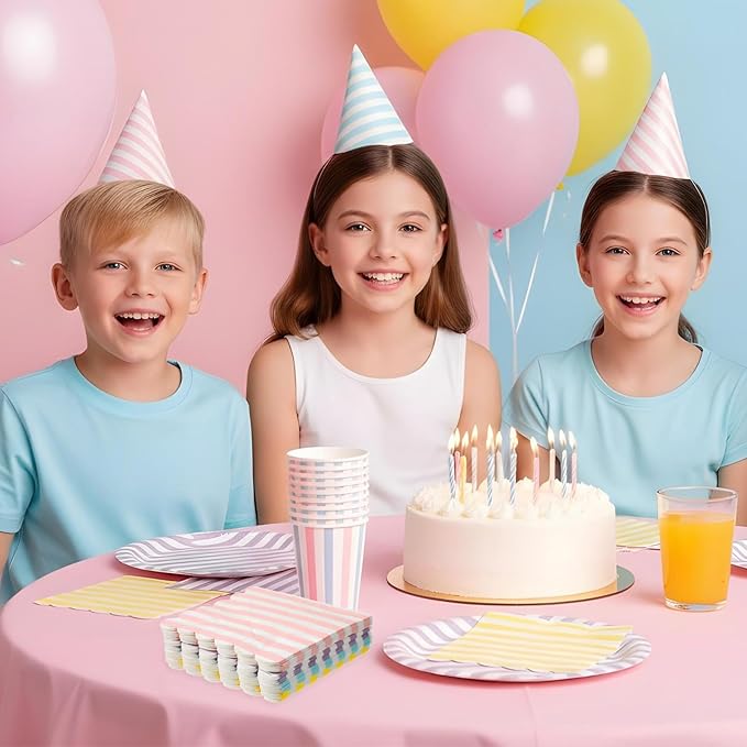 200 Pack Scalloped Pastel Napkins Mixed Stripe Ice Cream 5 x 5 Inch Disposable Paper Cocktail Beverage Napkins for Pastel Summer Party Shower Birthday Dinner Decor Supplies Favor (4 Colors)