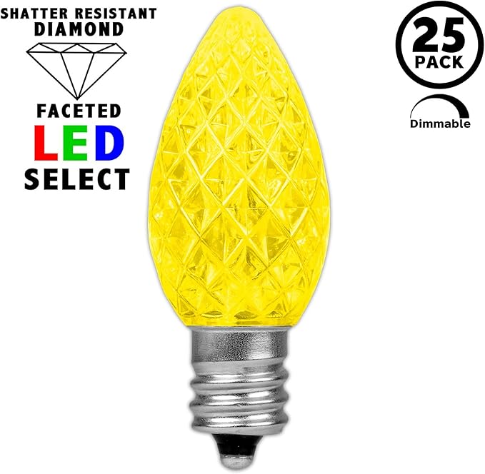 Novelty Lights 25pk Yellow C7 LED Faceted Christmas Light Replacement Bulbs, Ultra Bright Dimmable Replacement Lamps for Indoor/Outdoor Light Strings