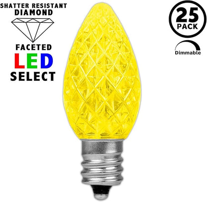 Novelty Lights 25pk Yellow C7 LED Faceted Christmas Light Replacement Bulbs, Ultra Bright Dimmable Replacement Lamps for Indoor/Outdoor Light Strings