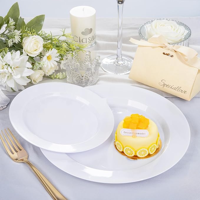 FLOWERCAT 200PCS White Plastic Plates Disposable Plates for Party - Heavy Duty Plastic Plates - 100 10" Dinner Plates and 100 7" Salad Plates for Christmas,Thanksgiving Parties New Year and Events