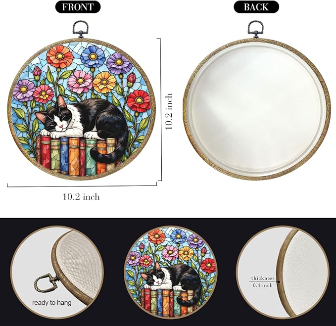 Cute Cat Decor Cat Stuff Accessories Book Lovers Gifts Reading Gifts Framed Round Wall Decor Canvas Wall Art Hanging Prints Artwork for Home Door Bedroom Porch Library Decorations 10.2X10.2 Inch
