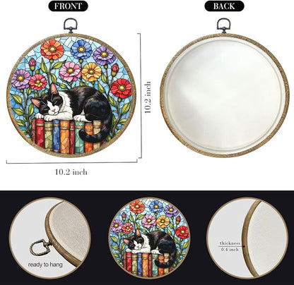 Cute Cat Decor Cat Stuff Accessories Book Lovers Gifts Reading Gifts Framed Round Wall Decor Canvas Wall Art Hanging Prints Artwork for Home Door Bedroom Porch Library Decorations 10.2X10.2 Inch