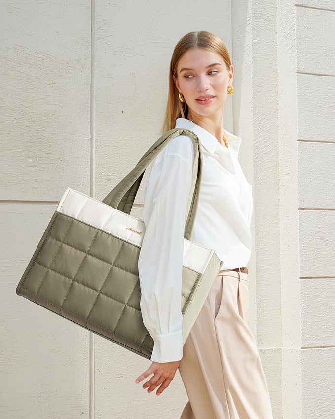 LOVEVOOK Tote Bag for Women, Puffer Work Handbag 15.6 Inch Laptop Purse for Nurse Teacher, Large Quilted Travel Tote Shoulder Bag with Zipper for College Office Clinical Gym, Cream-Sage