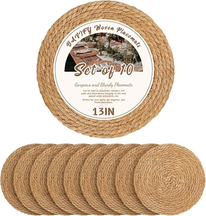 13 in Round Woven Placemats Plate Chargers Set of 10, Boho Farmhouse Rustic Woven Place Mats for Dining Table Decor, Rattan Wicker Table Mats Jute Braided Chargers for Dinner Plates