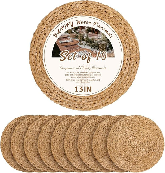 13 in Round Woven Placemats Plate Chargers Set of 10, Boho Farmhouse Rustic Woven Place Mats for Dining Table Decor, Rattan Wicker Table Mats Jute Braided Chargers for Dinner Plates