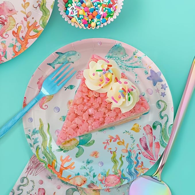 96pcs Paper Plates, Under the Sea Animals Party Plates and Napkins Forks Ocean Themed Disposable Tableware Set for 24 Guests Baby Shower Picnic Kids Birthday Party Supplies Decorations
