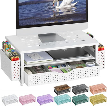 gianotter Desk Organizers and Accessories, Monitor Stand with Drawer and 2 Pen Holder, Desktop Organizer Suitable for Offices and Dormitories (White)