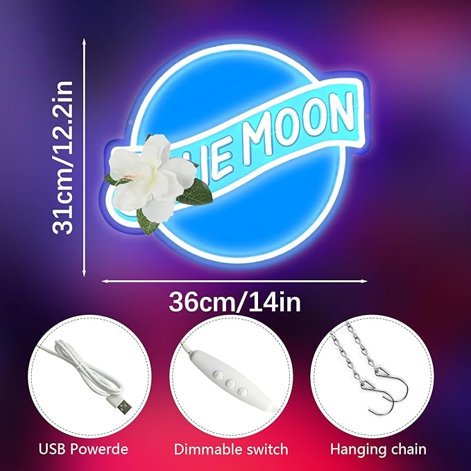 JFLLamp Blue Moon Neon Signs for Wall Decor Neon Lights for Bedroom Led Signs Suitable for Man Cave Bar Pub Restaurant Christmas Birthday Party Gift 5V Usb Power, 14 * 12.2 Inch(Azure+White)