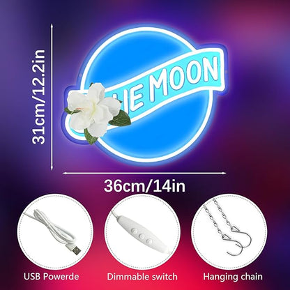 JFLLamp Blue Moon Neon Signs for Wall Decor Neon Lights for Bedroom Led Signs Suitable for Man Cave Bar Pub Restaurant Christmas Birthday Party Gift 5V Usb Power, 14 * 12.2 Inch(Azure+White)