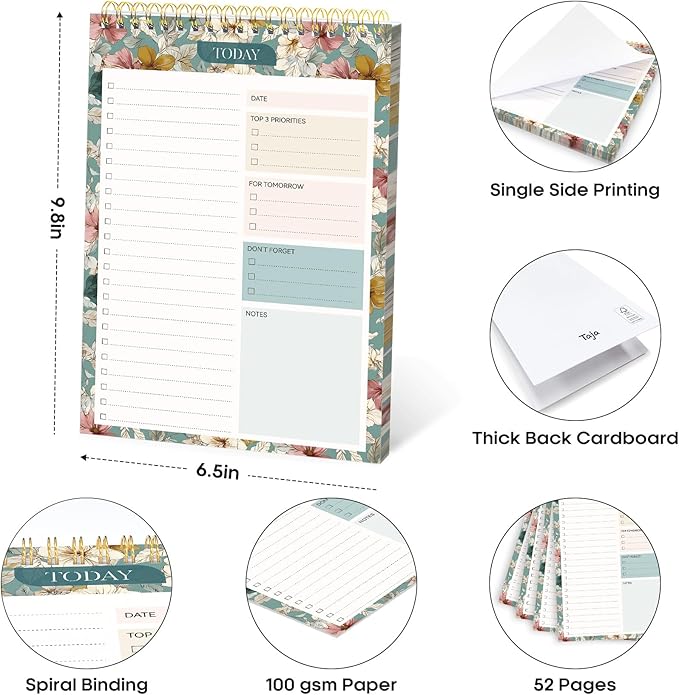 Taja To Do List Notepad - To Do List Notebook for Work with 52 Sheets, 9.8" x 6.5", Undated Daily Planner Perfect for Daily Tasks and Goal Setting, Notepad Suitable for Office, Home & School - Teal Petals
