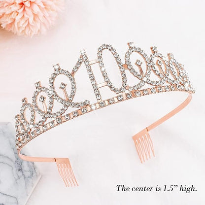CIEHER 10th Birthday Crown, Sash + Pearl Pin Set - Decorations and Gifts for 10 Year Old Girl's Birthday Party Favors