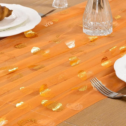 Pumpkin Gold Table Runner for Thanksgiving Sheer Gauze Cheesecloth 120 Inch with Glitter Harvest Feast Decor for Family Gatherings Dining Table Home Celebration - Orange