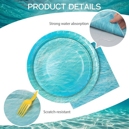 96pcs Paper Plates and Napkins Under the Sea Paper Plates Disposable and Cups Ocean Waves Tableware Set for 24 Guests Baby Shower Wedding Birthday Party Supplies Decorations