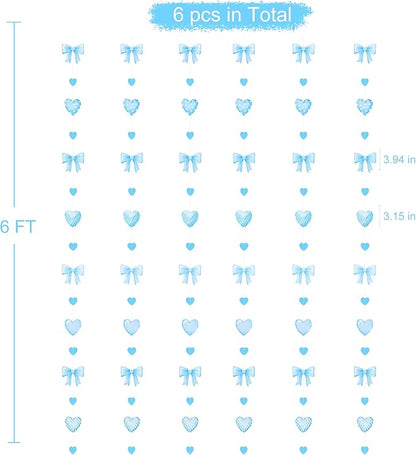 Blue Bow Decorations Blue Plaid Twill Polka Dot Bow Heart Hanging Streamer Garland Banner for Baby Shower Birthday Wedding Bridal Shower Bachelorette Coquette Anniversary Party Decorations Supplies