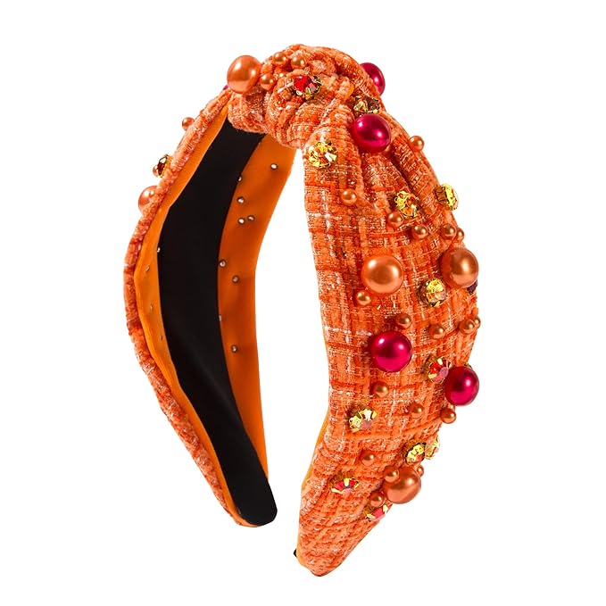 Halloween Pearl Knotted Headband for Women Girls Non Slip Rhinestone Embellished Hair Hoop Halloween Headbands Hair Accessories Gift (Grid Orange)