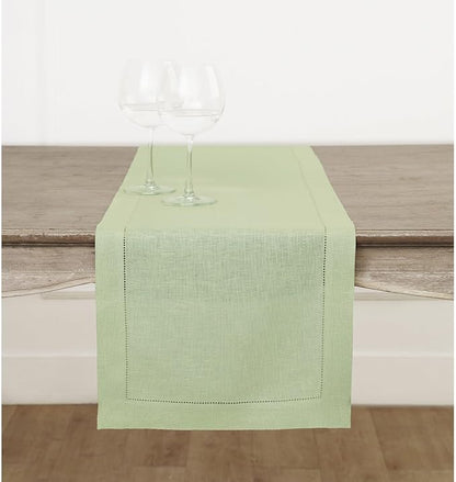 Solino Home Linen Sage Green Table Runner 90 Inches Long - 100% Pure Linen Hemstitch 14 x 90 Inch Table Runner for Dining, Fall, Autumn, Christmas, New Year - Classic Hemstitch
