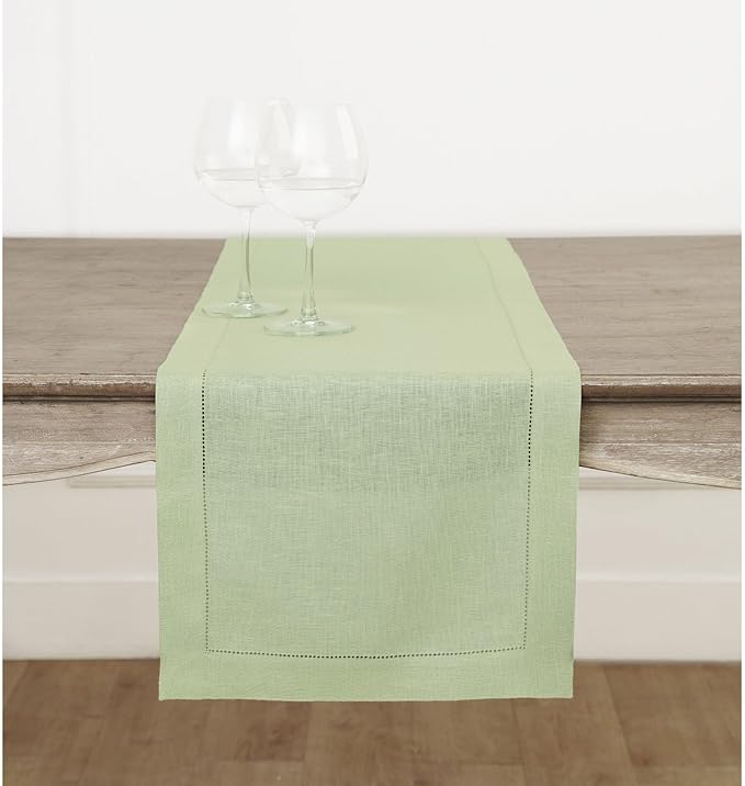 Solino Home Linen Sage Green Table Runner 72 Inches Long - 100% Pure Linen Hemstitch Table Runner 14 x 72 Inch for Dresser, Dining, Fall, Autumn, Christmas, New Year - Classic Hemstitch