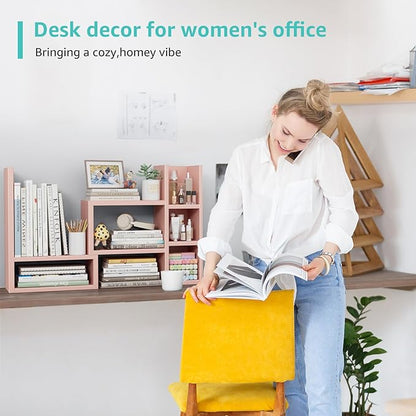 Desk Shelves Desktop Organizer Shlef - Pink Office Organization for Top of Desk Organizers and Accessories Corner Bookshelf Table Top Shelving Small Hutch Decorations for Office
