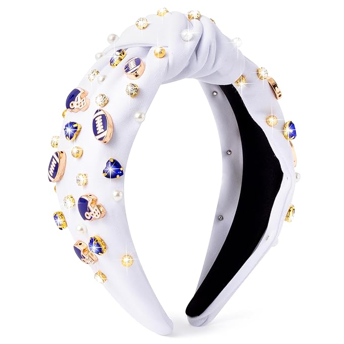 PANTIDE Football Jeweled Knotted Headband - Blue Football Rhinestone Crystal Embellished Headband Wide Top Knot Fashion Hairband Mom Accessories Sport Game Day Birthday Gift for Fan Women Girl (White)