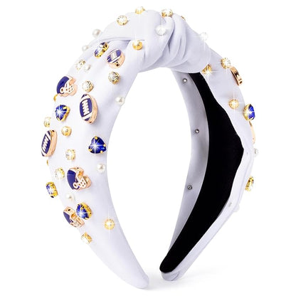 PANTIDE Football Jeweled Knotted Headband - Blue Football Rhinestone Crystal Embellished Headband Wide Top Knot Fashion Hairband Mom Accessories Sport Game Day Birthday Gift for Fan Women Girl (White)