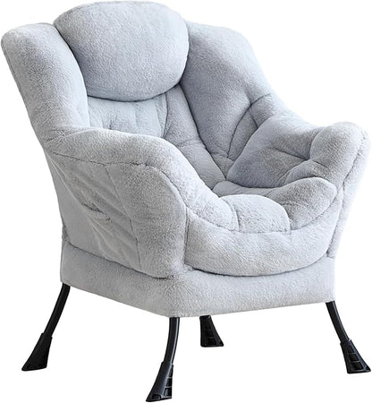 LITA Lazy Chair with Armrests and Side Pocket, Modern Upholstered Accent Reading Chair for Living Room, Bedroom, Dorm, Small Spaces, Single Plush Grey