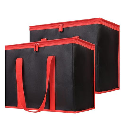 Bodaon 2-Pack Insulated Reusable Grocery Shopping Bags, X-Large Picnic Cooler Bag with Zipper Zippered Top Cold, Black with Red Edge