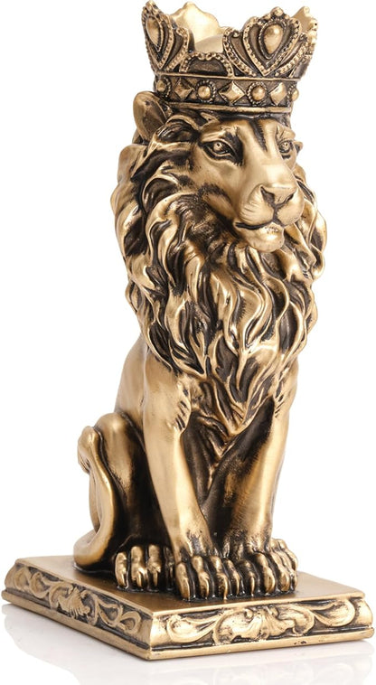 Lion Statue Decor 9 inch Resin, Antique Gold Decor Accent Crown Lion Statue Man Home Office Desk Table Shelf Decoration, Men Father Leo Gift