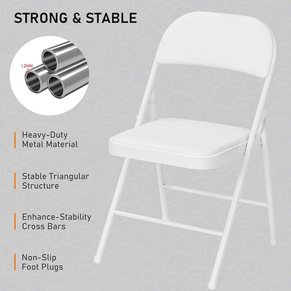 SEALAMB 16 Pack White Folding Chairs with Padded Seats & Cushion, Durable Metal Foldable Chairs for Wedding Party, Commercial Chairs for Office School Church Events, 330lb Capacity (White-PU, 16 Pack)