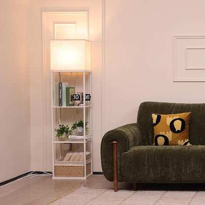 Floor Lamp with Shelves, Large Size Rectangle Standing Lamp with 3 Color Temperature Bulb, Corner Display Bookshelf Lamp for Living Room, Bedroom and Office（White-9W）