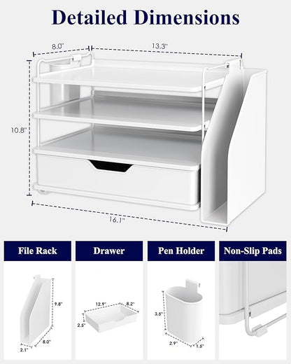 Kitsure Desk Organizer - 4-Tier Office Desk Accessories with Drawer ＆ Pen Holder, Tool-Free Assembly Organizer with Non-Slip Pads, for Office Supplies Storage, Plastic, 13.3" x 8.0" x 10.8", White