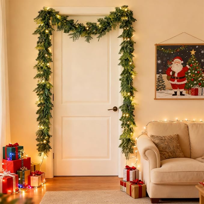 Norfolk Pine Garland Artificial Real Touch Green Thick Cedar Cypress Spruce 6FT Greenery Christmas Decor for Mantle Fireplace Wall Table Railings Indoor Outdoor Xmas Decorations