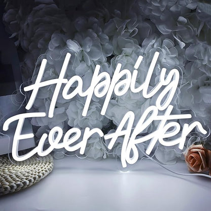 SYLHOME Happily Ever After LED Neon Light Sign Wedding Party Birthday Neon Art Wall Sign Decor USB Bedroom Home Bar Pub Decor Night Light 5V Cold White 15.8"X9.2"
