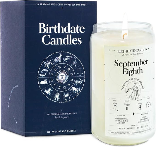 The Original Birthdate Candles, September 8 - Virgo Zodiac Scented Candles Birthday Gift - Sage, Jasmine & Palo Santo Scent - All-Natural Soy & Coconut Wax, 60-80 Hour Burn Time - Made in USA