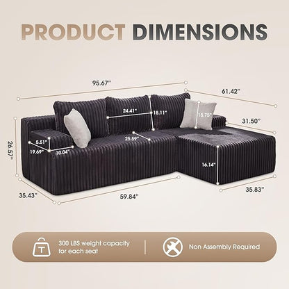 Modular Sectional Sofa Couches L-Shape Couch 3 Seat Modular Sofa Memory Foam Sectional Couches for Living Room, Cloud Couch with Oversized Chaise (Dark Grey Facing Chaise) | modular