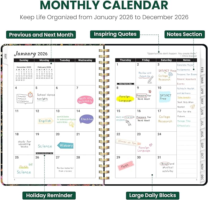 2026 Planner, Weekly and Monthly Planner for Women, Jan 2026 - Dec 2026 Pretty 2026 Calendar Planner with Monthly Tabs, Inner Pocket, Spiral Binding, Perfect for Office Home School - 8.5" x 11", Abundant Floral