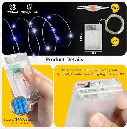4 Pack 240LED Christmas Fairy Lights Battery Operated - 20FT Twinkle Lights with 2 Lighting Modes Indoor, Waterproof Led Fairy String Lights for Bedroom, Classroom, Dorm, DIY Decor, Blue & White