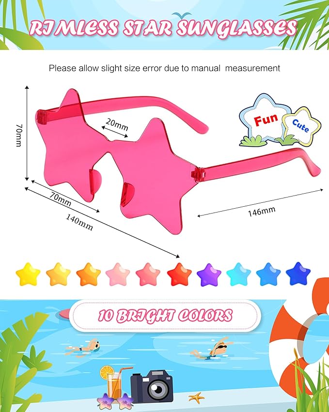 20 Pairs Rimless Star Sunglasses Bulk Transparent Candy Color Star Glasses for Women Men Party Favors