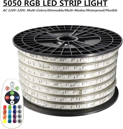 5050 RGB LED Strip Lights AC 110V Home Decoration Multi-Colors/Dimmable/Multi-Modes/Waterproof/Flexible LED Rope Light with Remote (164ft/50m)