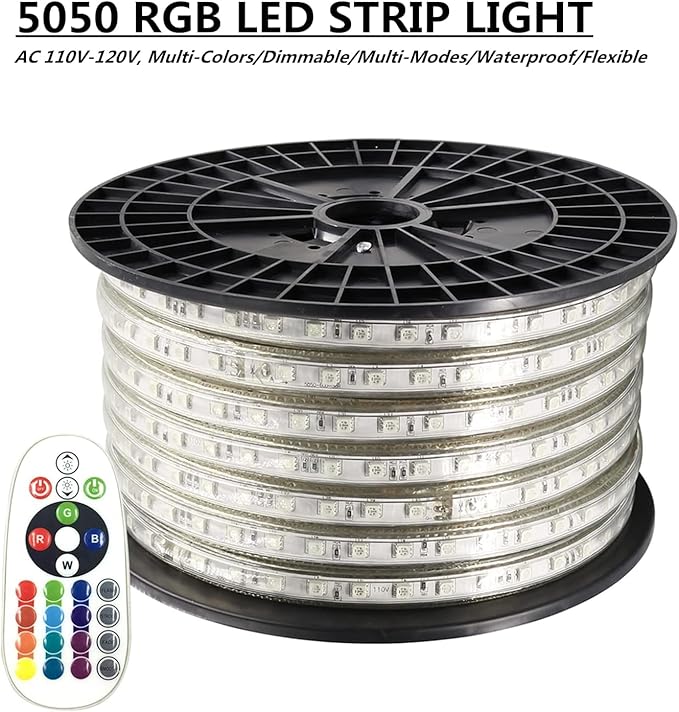 5050 RGB LED Strip Lights AC 110V Home Decoration Multi-Colors/Dimmable/Multi-Modes/Waterproof/Flexible LED Rope Light with Remote (16.4ft/5m)