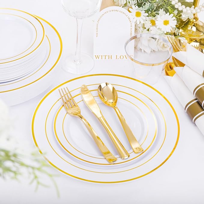 DaYammi 210PCS Gold Plastic Dinnerware Set Christmas Plates Disposable Disposable Plates for Party, Include: 30 Dinner Plates, 30 Dessert Plates, 30 Pre Rolled Napkins with Gold Silverware, 30 Cups