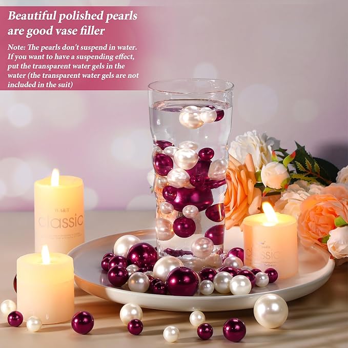 Hicarer 120 Pieces Pearl for Vase Filler Pearl Bead Vase Centerpieces Brush Holder Assorted Round Faux Bead for Crafting, Home Wedding Table Decor 14/20/30 mm(Creamy White, Bright Wine Red)