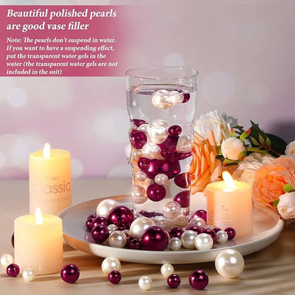 Hicarer 120 Pieces Pearl for Vase Filler Pearl Bead Vase Centerpieces Brush Holder Assorted Round Faux Bead for Crafting, Home Wedding Table Decor 14/20/30 mm(Creamy White, Bright Wine Red)