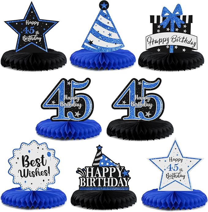 Happy 45th Birthday Decorations,45th Bday Blue Glitter Shiny Stand Honeycomb Table Centerpieces - Cheers to 45 Years Old Birthday Party Photoprop Gift Sign.