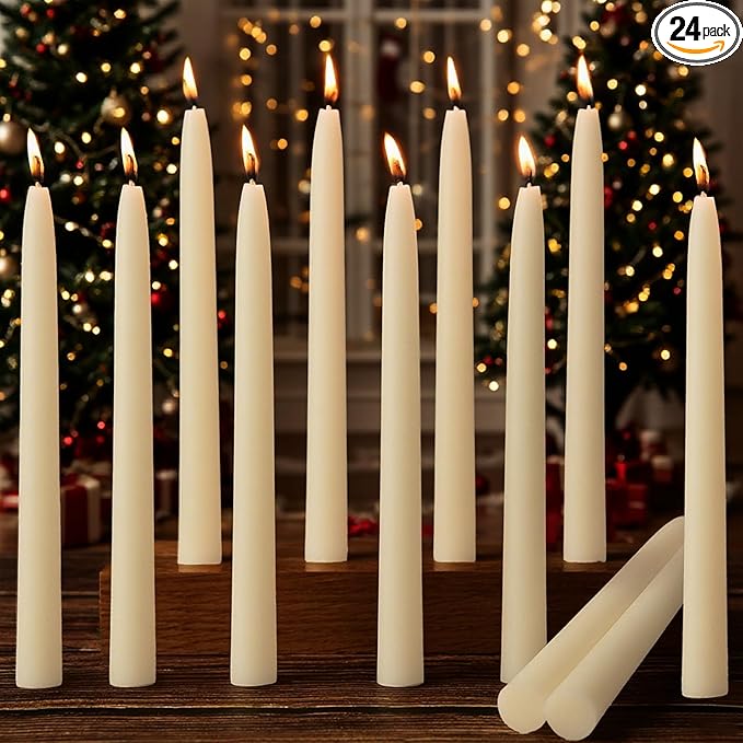 24 Packs Beeswax Taper Candles White, 9 Inch Long Natural Beeswax Candlesticks - 10 Hour Burn Time - Smokeless & Dripless Taper Candles for Table Decor, Unscented Bee Wax Tapered Candle