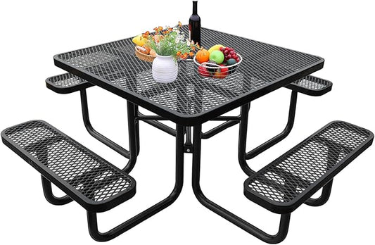 46-Inch Square Outdoor Picnic Table – Commercial Heavy-Duty Steel Dining Table with Thermoplastic Coating, Weather & Rust Resistant, Ideal for Parks, Patios, Schools, Campgrounds (Black)